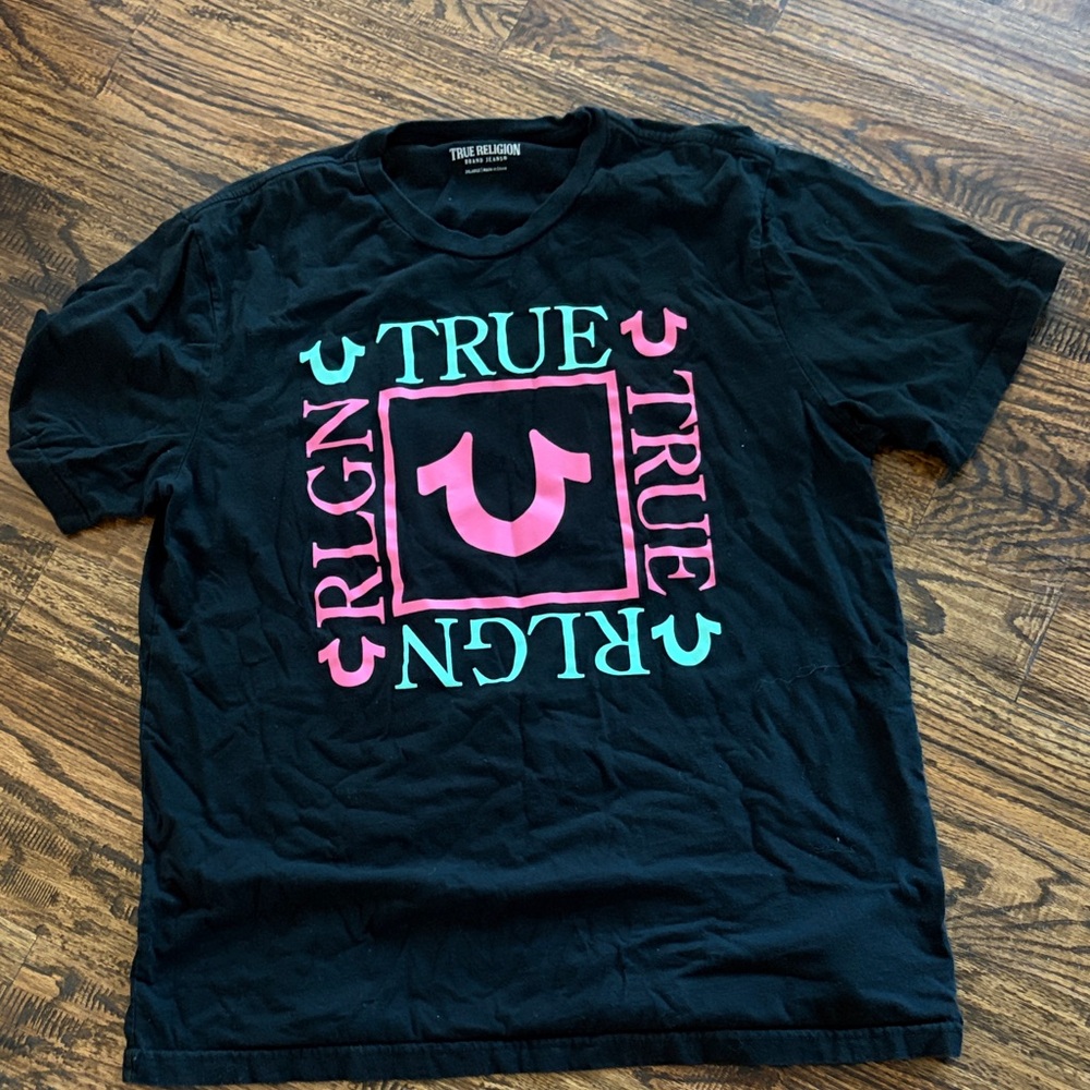 True Religion Black Tee with Pink and Blue Graphic